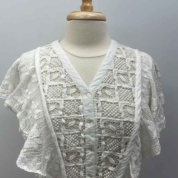 Place Nationale Crochet Button Down Flutter Sleeve Woven Blouse White Medium - Picture 2 of 7